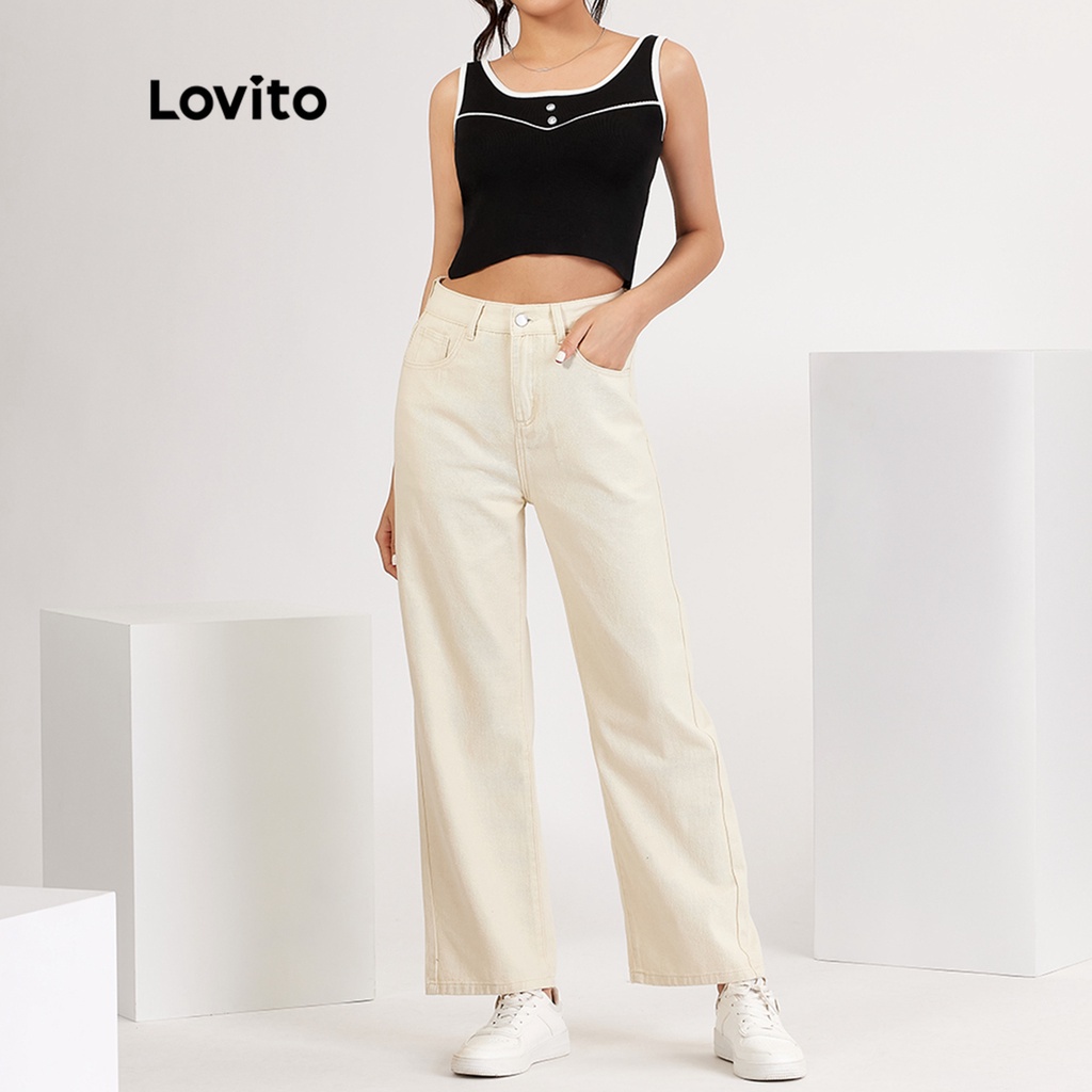 Áo dây Lovito có nút cài hở vai phối viền tương phản phong cách đơn giản thường ngày L18X267 (Đen)