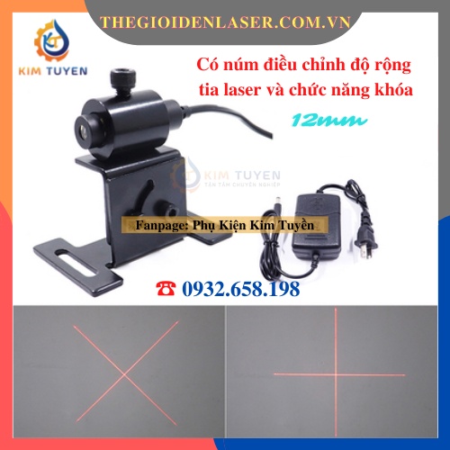 Đèn laser chữ thập ánh sáng đỏ 5mW phi 12mm có điều chỉnh tia cho ngành may mặc, canh máy cnc, chân đế cố định