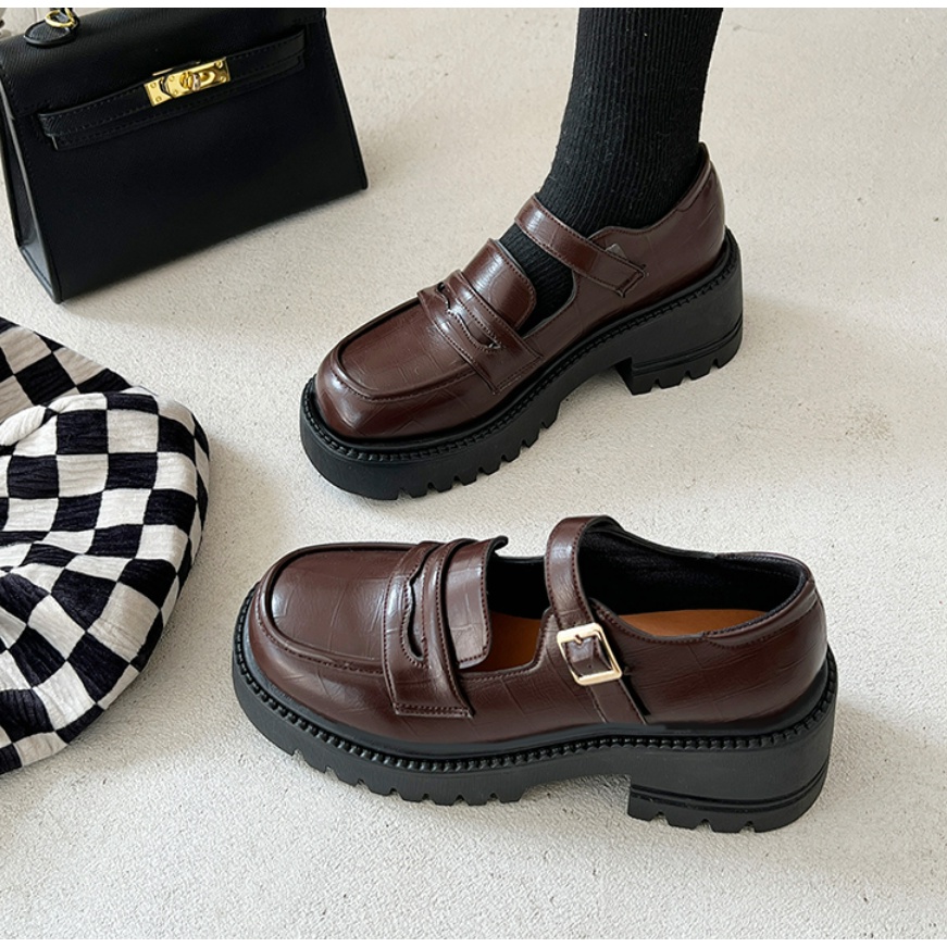 Giày Loafer Nữ Bánh Mì	Đế Cao 5 Phân Mũi Vuông Phong Cách Nhật Bản