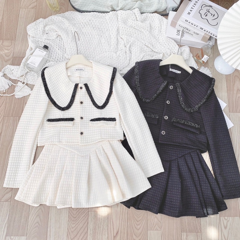 Set chân váy xếp ly kèm áo croptop, Bộ áo sơ mi ngắn cổ bẻ kèm chân váy, Set chân váy áo sơ mi cách điệu chất liệu xốp