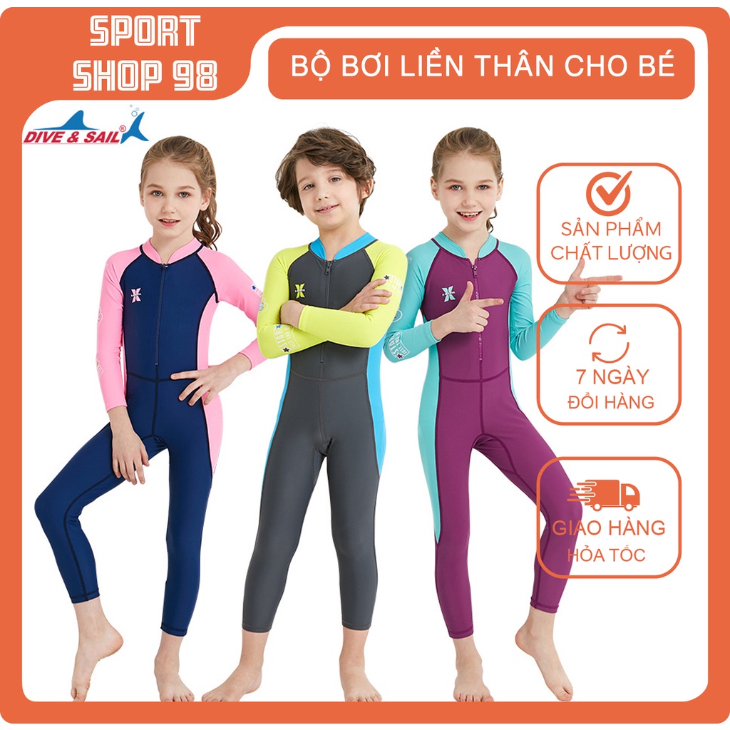 Bộ bơi liền thân dài tay cao cấp Dive & Sail chỉ số chống nắng cao, đồ bơi giữ nhiệt cho bé trai bé gái