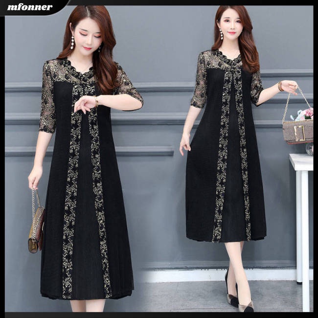 Đầm Dáng Rộng Cổ Chữ V Phối Lưới In Họa Tiết Xinh Xắn Thời Trang Cho Nữ