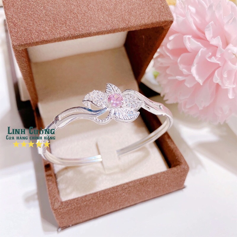Vòng tay cứng hoa lá cực xinh cho nữ- Lắc tay cứng bạc ta cao cấp