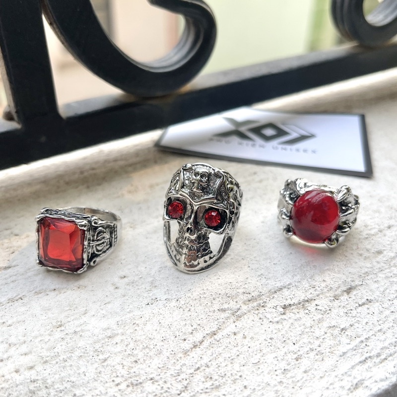 Nhẫn Thiết Kế Hình Độc Đáo Retro Mặt Đá Đỏ Thời Trang Chất Ngầu Hình Đầu Lâu