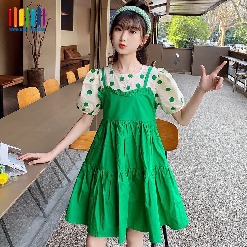 Đầm Yếm Giả Hai Mảnh Tay Phồng Màu Xanh Lá / Xanh Lá Cây Thời Trang Phong Cách Hàn Quốc Cho Bé Gái Dqx