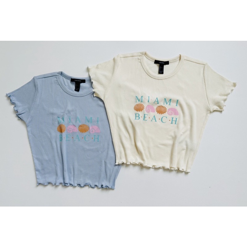 Áo croptop ôm xoăn lai thun bo gân in Miami Beach, 2 màu