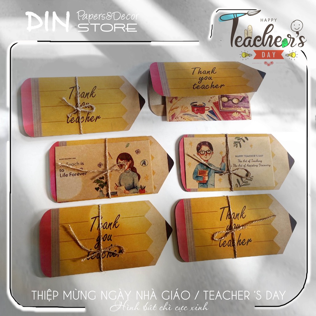 Thiệp Handmade tặng Giáo viên - Mừng ngày nhà giáo Việt Nam 20-11 - Pencil Kraft Card kiểu dáng bút chì- DIN Store