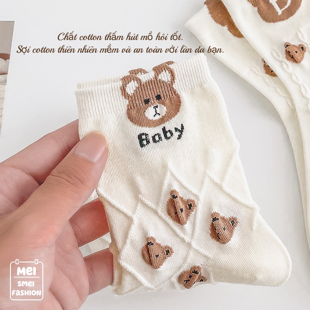 Tất Vớ Cổ Cao Nữ Jengiang họa tiết hình gấu chất liệu vải ren co giãn thời trang Hàn Quốc DO18