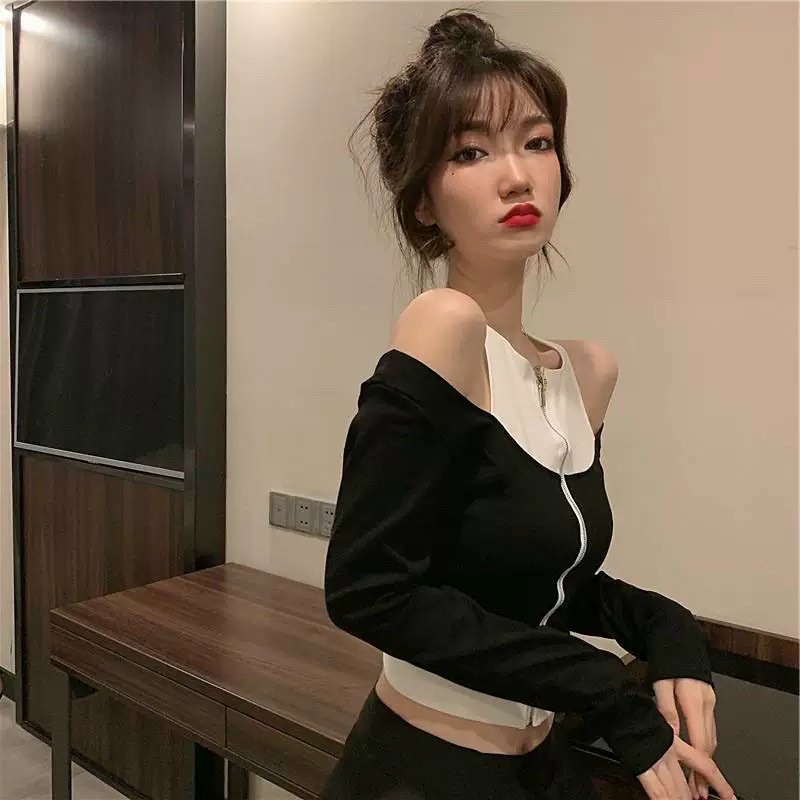 Áo thun gân dây kéo bẹt vai, [m, Áo Croptop Dài Tay Khoét Vai, Có Khóa Kéo Ngực, Dáng Ôm Năng Động Cá Tính🐝🐝🐝🐝GB8777