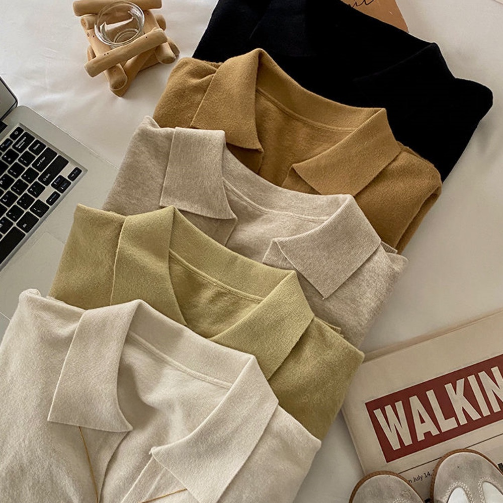 Áo Sweater Dệt Kim Mỏng Tay Dài Cổ polo Màu Sắc Đơn Giản Thời Trang Thu Đông Cho Nữ