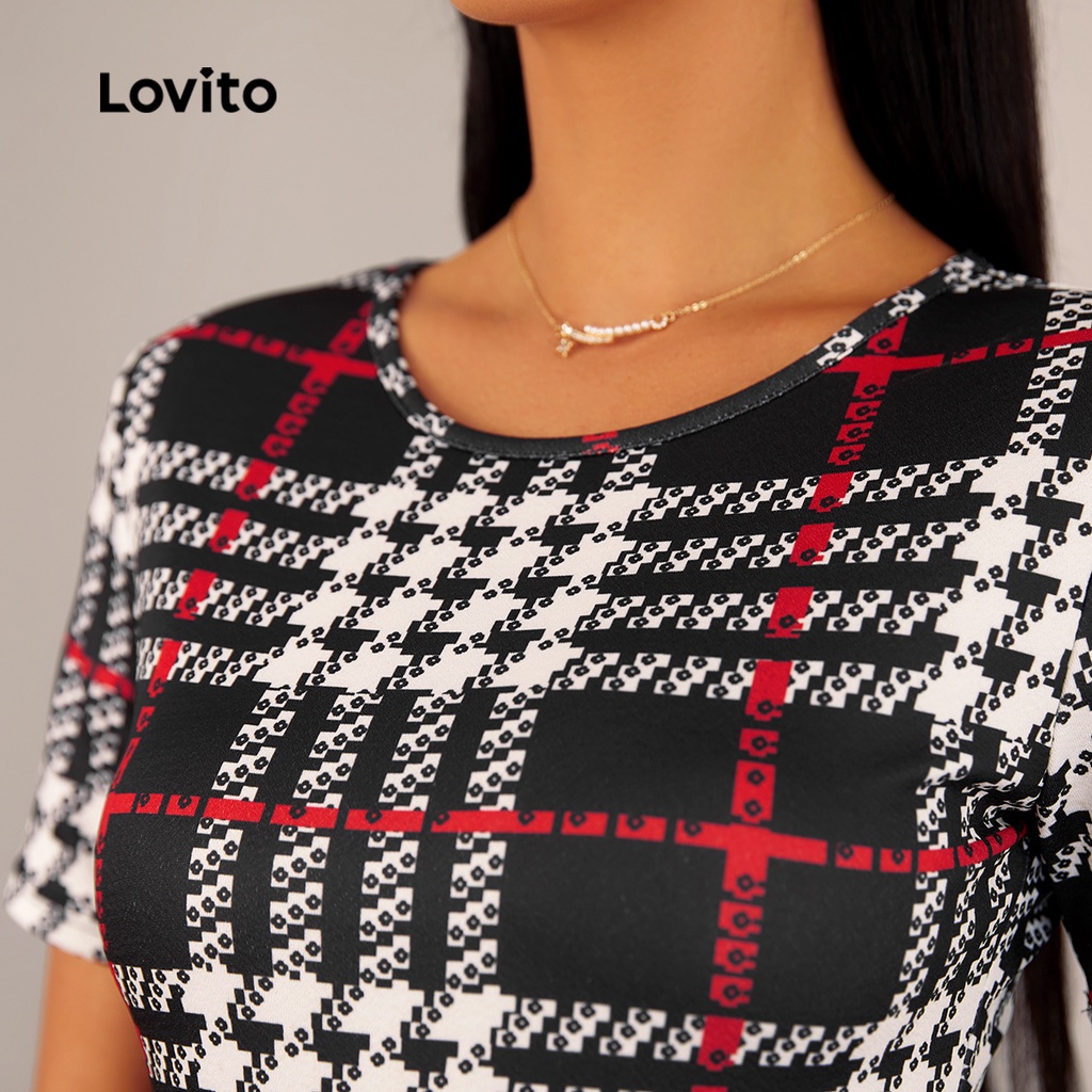 Lovito Đầm Tay Ngắn Cổ Tròn Họa Tiết Kẻ Sọc Màu Đen Thanh Lịch Dành Cho Nữ L20D1579