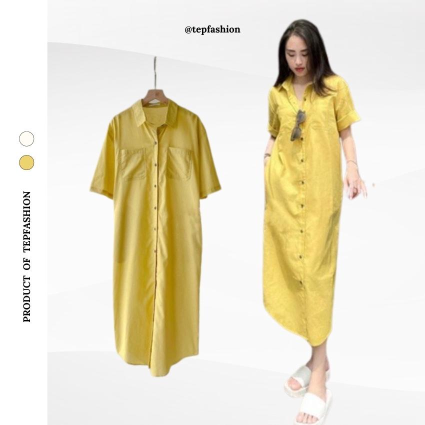 Váy Sơ Mi Dáng Suông Tay Cộc Chất Đũi Mềm Mịn Kiểu Váy Ulzzang D025