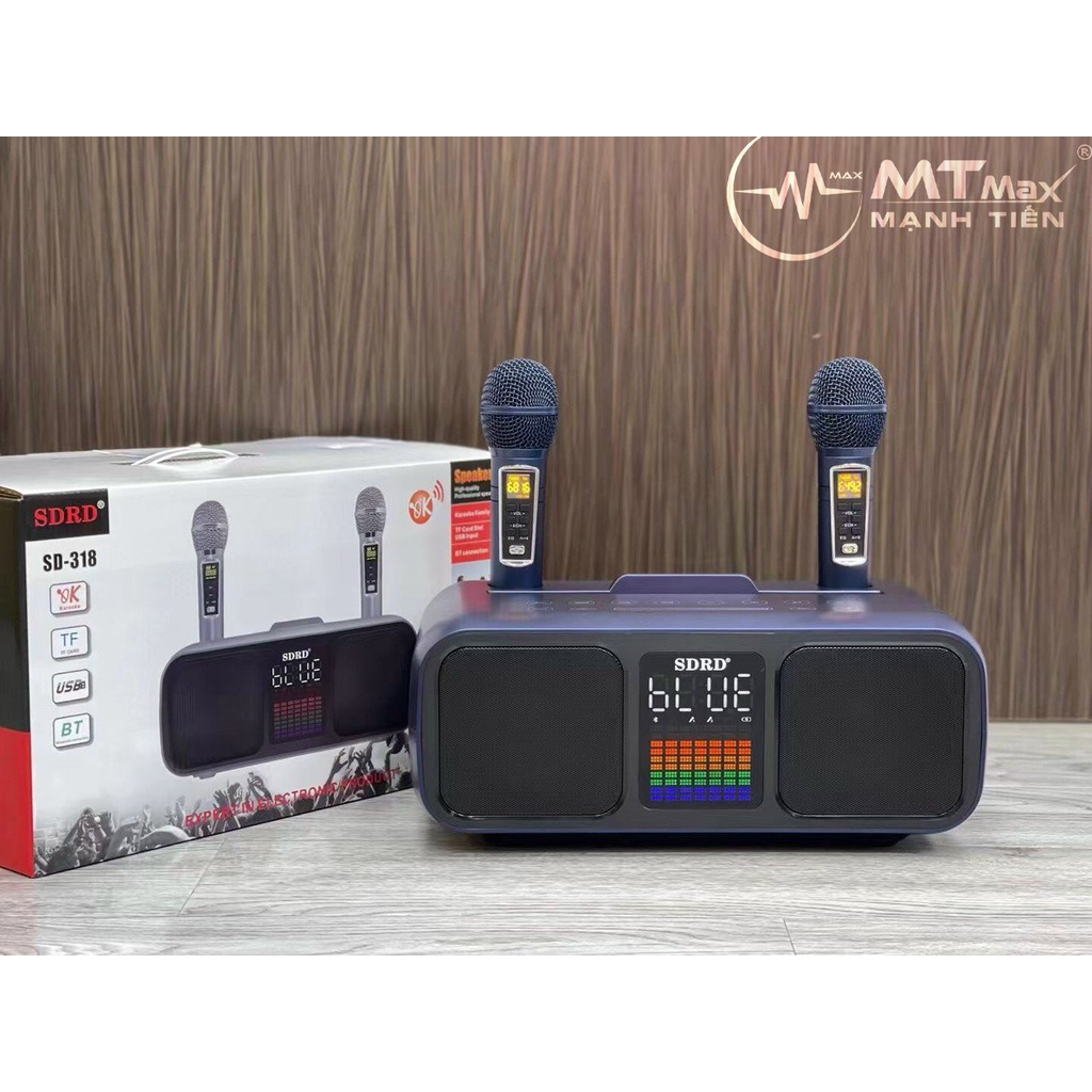 Loa karaoke bluetooth SD318 âm thanh hay nhỏ gọn phiên bản cao cấp. Tặng kèm 2 micro không dây có màn hình LCD