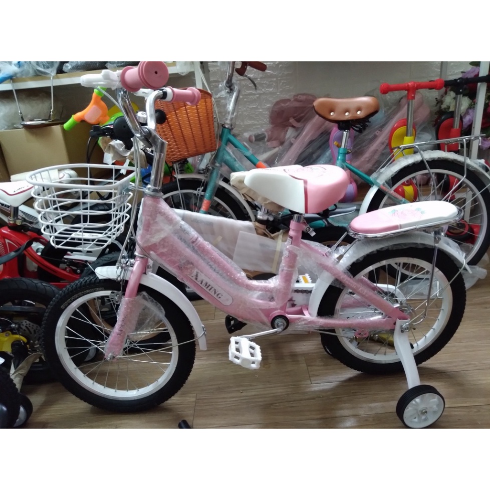 xe đạp xaming hai gióng hoa hồng LOẠI 1 CHẮC CHẮN cho bé gái từ 3-9t ( bánh phụ size 12-16, chân chống size 18-20)
