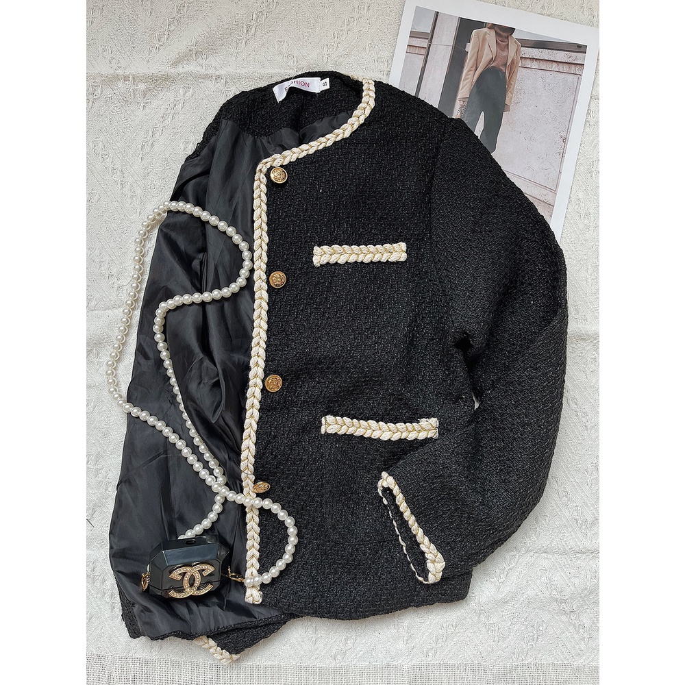 Áo khoác dạ đen tweed phong cách tiểu thư, hoàng gia dáng dài áo cardigan dạ dày dặn