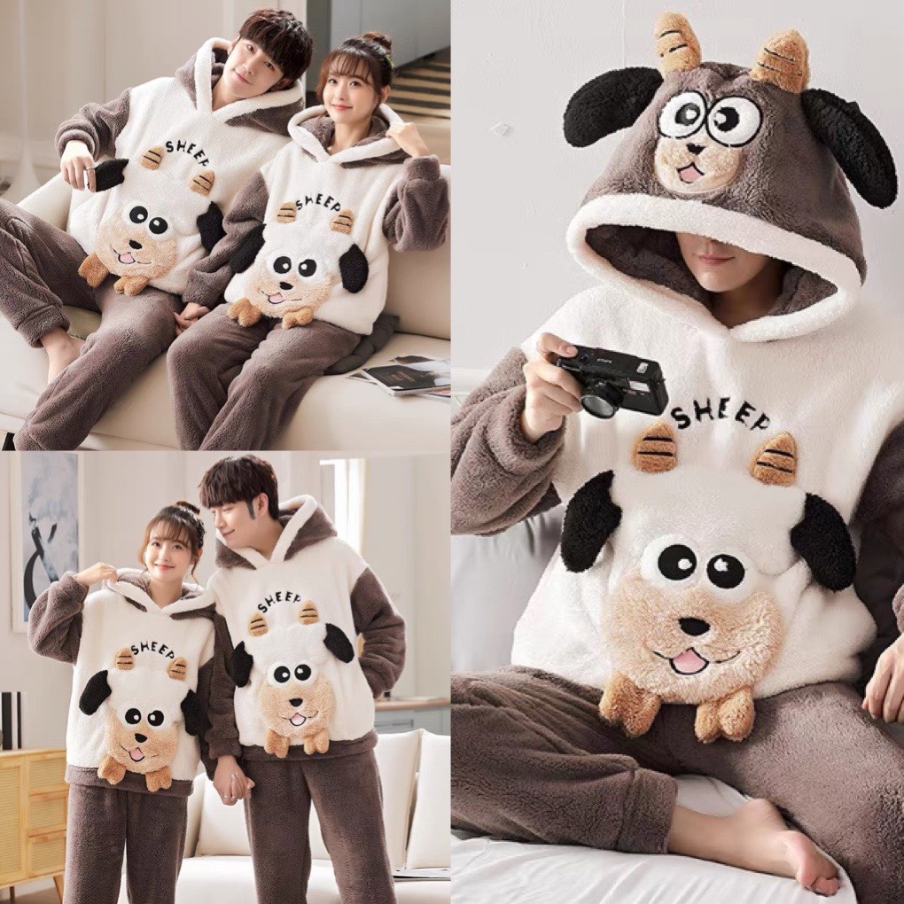 Bộ ngủ lông cừu 2 mặt dễ thương thêu hình DÊ nâu form rộng unisex nam nữ- sét bộ mặc nhà thu đông chất lông mượt mà