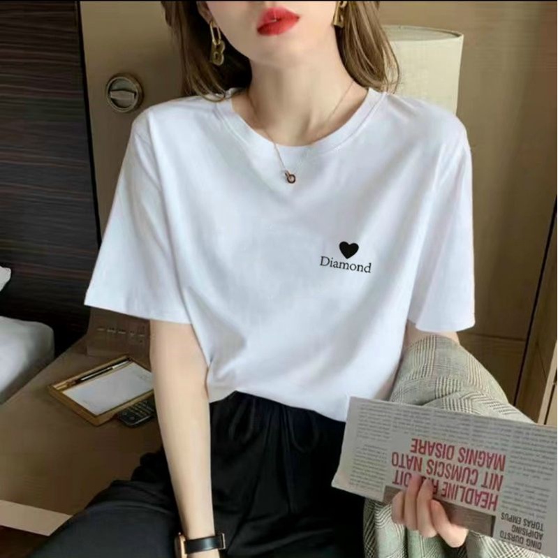 Áo thun nữ tay ngắn in hình trái tim đơn giản chất vải cotton thoáng mát