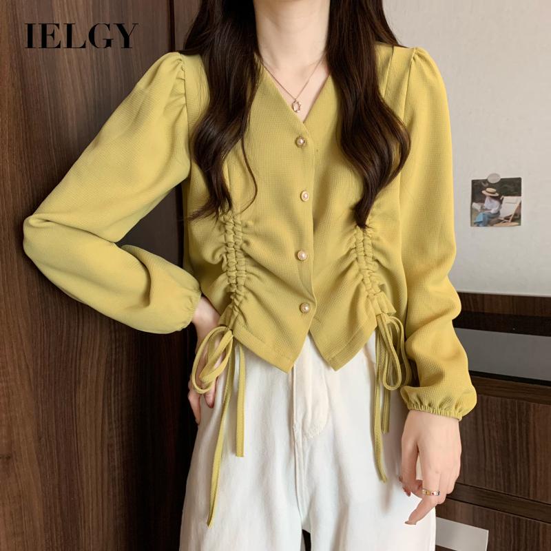 IELGY Áo Sơ Mi Dài Tay Cổ Chữ v Phối Dây Rút Phong Cách Pháp Thời Trang Dành Cho Nữ
