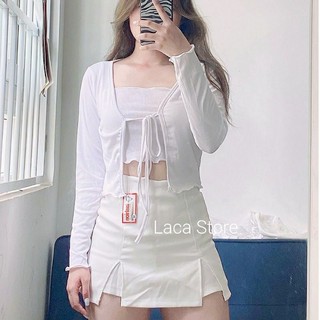 Áo khoác croptop cột dây dài tay cuộn viền