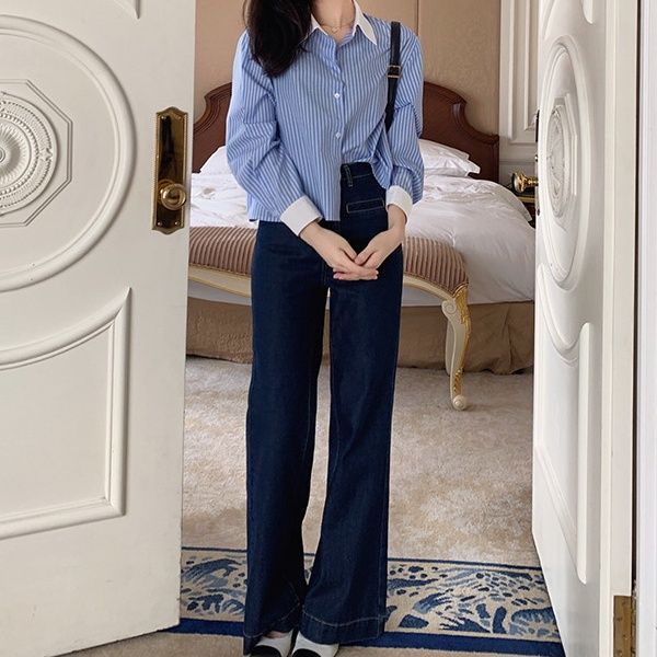 Áo Sơ Mi Dài Tay Họa Tiết Kẻ Sọc Phối Màu Trắng Xanh Thời Trang Phong Cách Mới Cho Nữ