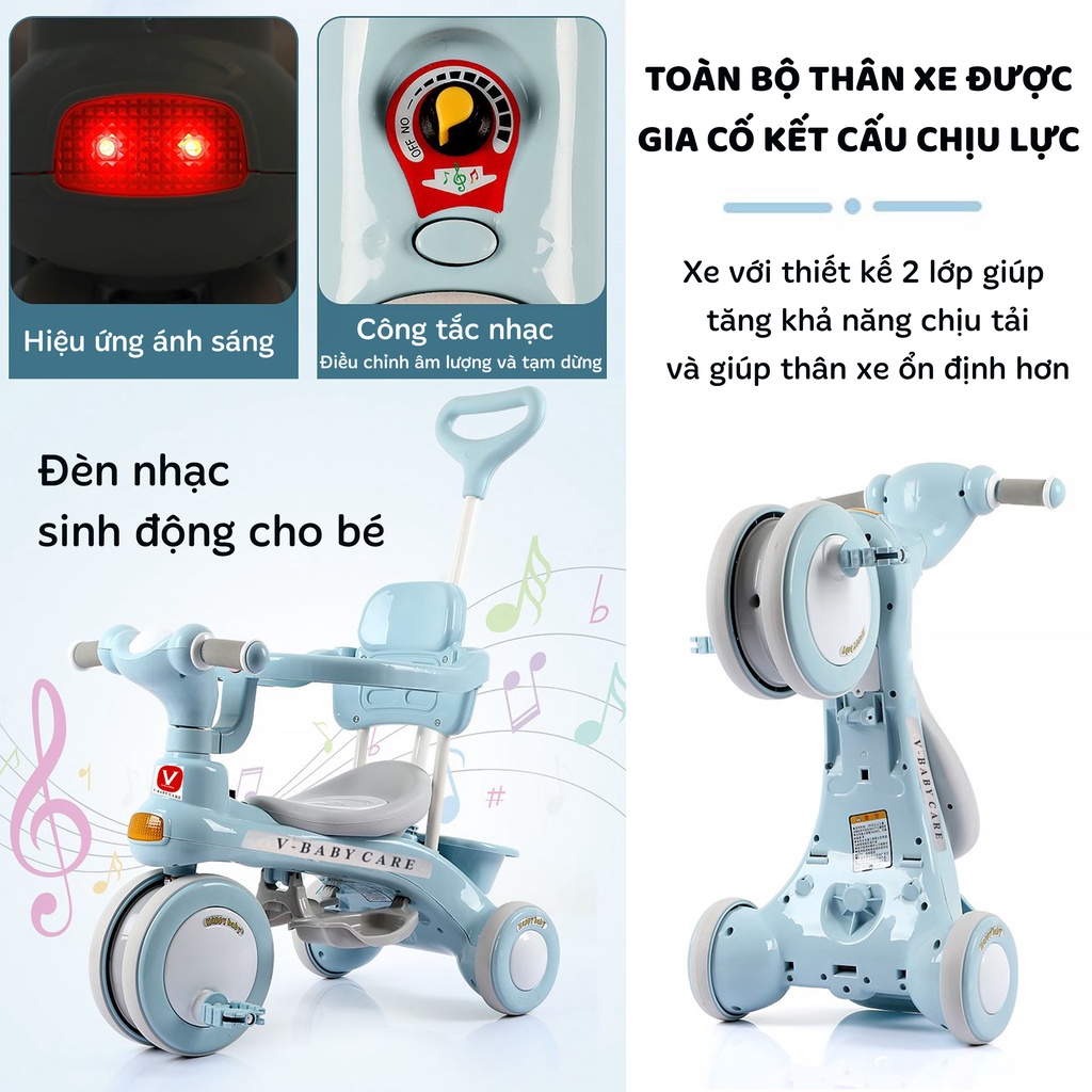 Xe Đạp 3 Bánh V-Baby V1  Có Cần Đẩy Có Thể Phát Nhạc Cho Bé - Mẫu mới 2023 - Bảo hành chính hãng 1 năm