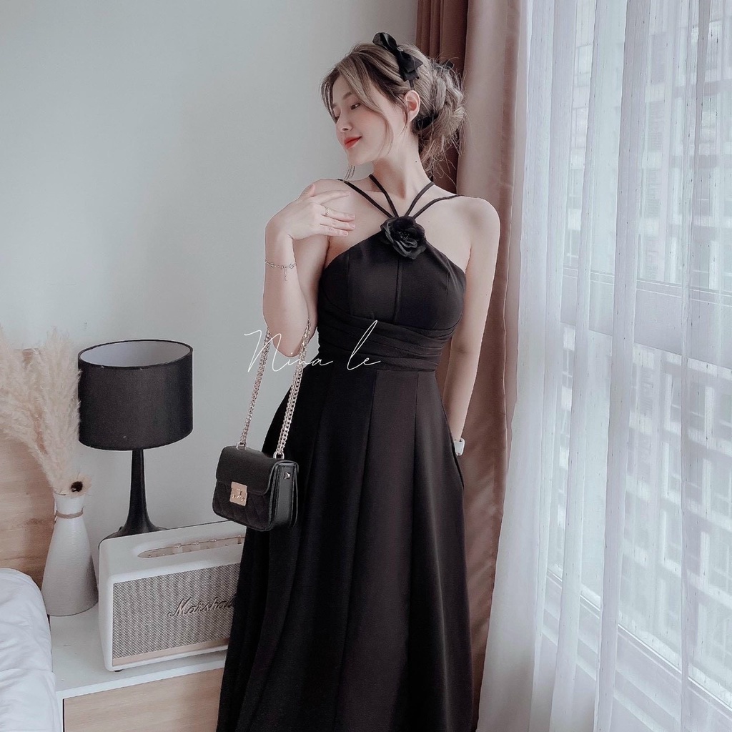 Váy đầm nữ dự tiệc dáng xòe cổ yếm đan dây kết bông xếp ly eo xinh xắn