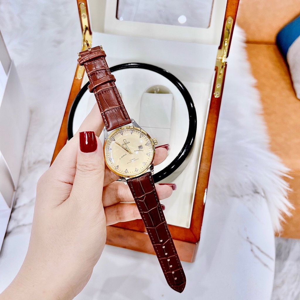 Đồng hồ Nam Omega, Đồng hồ OMG05 Dây da cao cấp, Mặt Sapphire chống xước, chống nước thẻ bảo hành 12 tháng