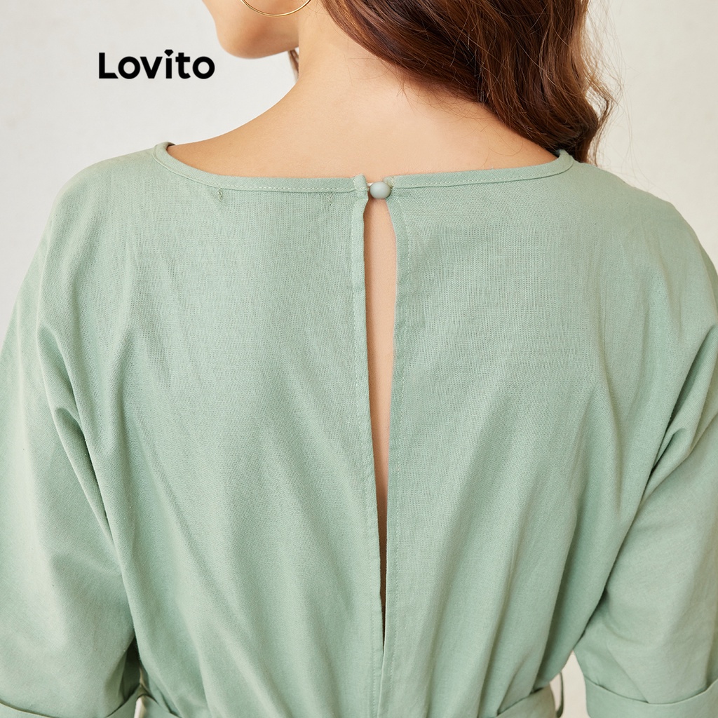 Lovito Bình thường Rompers thắt lưng ngắn tay khoét lỗ khóa L24LD042 (Xanh nhạt)