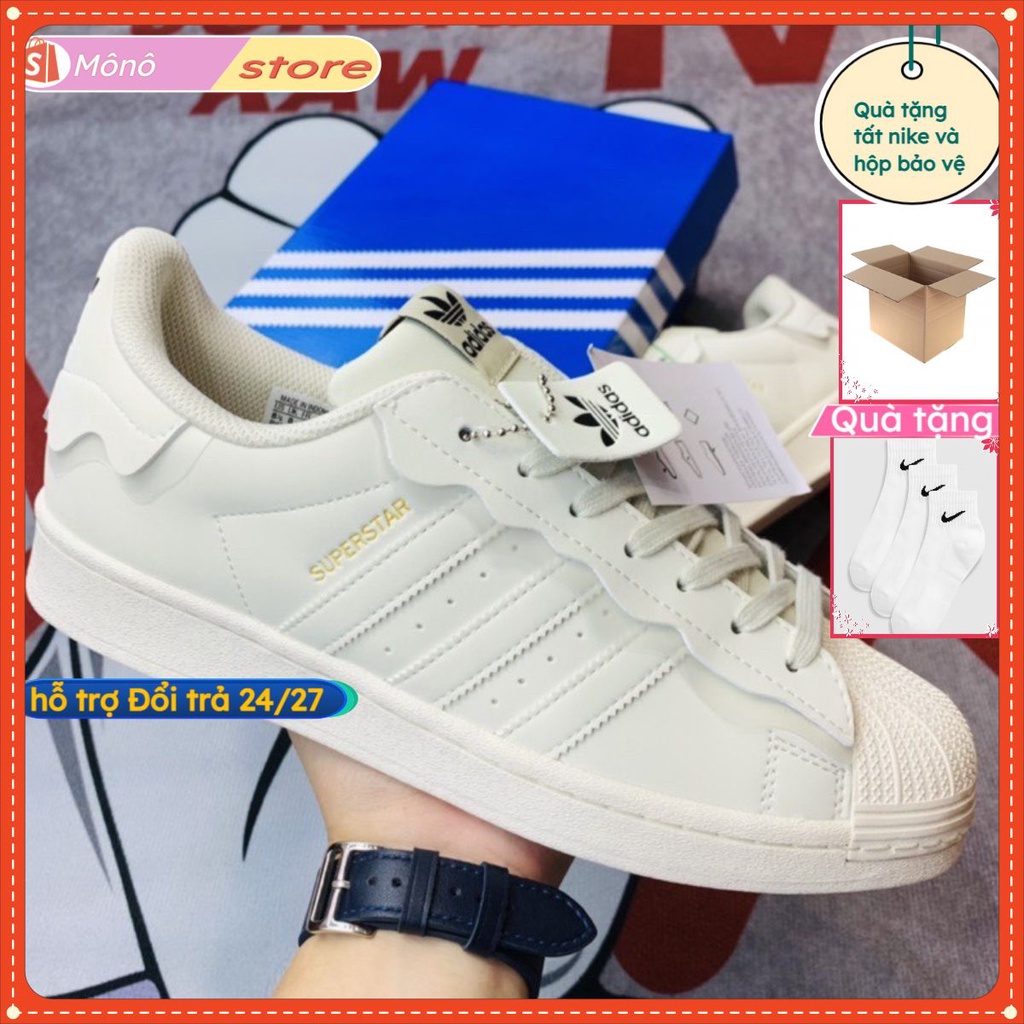 Giày thể thao adidas sò Trắng kem superstar, giầy sneaker 3 sọc màu kem hót trend 2022 bản SC.mono68