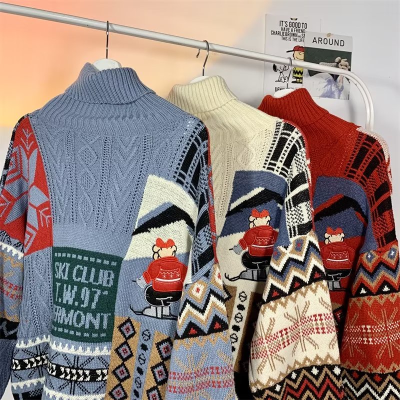 ✦ AFFLIGA ✦Áo Sweater Cổ Cao In Họa Tiết Hoạt Hình Giáng Sinh Thời Trang Mùa Đông 3 Màu Lựa Chọn Cho Nam