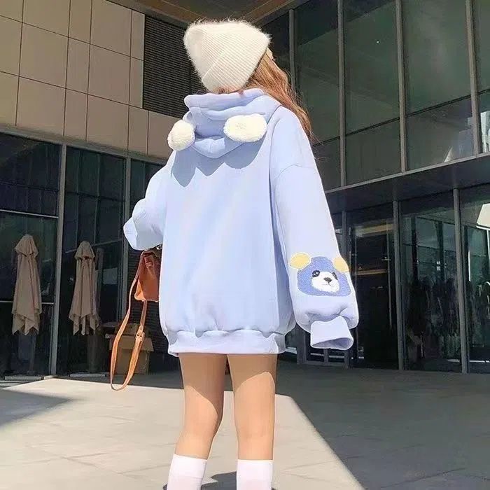 Áo Hoodie Dày Dáng Rộng Thêu Hình Gấu Phong Cách Mới 2022 Cho Nữ