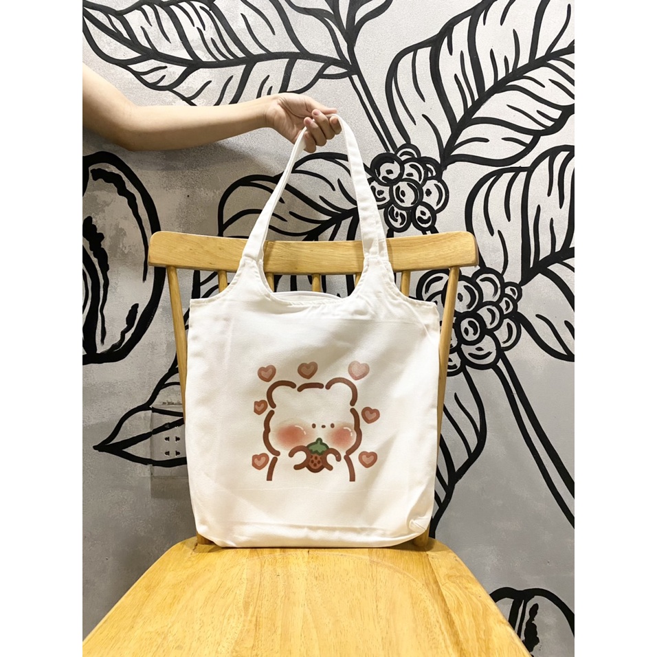 Túi tote, vải canvas 100% poli cao cấp, phong cách thời trang ulzzang, có khoá miệng xịn xò GẤU BÔNG NÂU