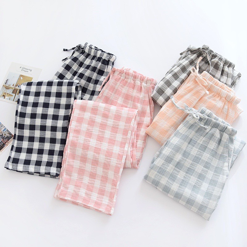 Quần mặc nhà nữ dài, quần caro nữ ống xuông vải xô muslin