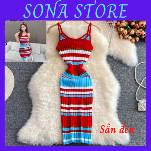 Váy body len thun gân dệt kim 2 dây đầm ôm nữ sexy gợi cảm kẻ sọc sang chảnh tiểu thư bánh bèo hàng quảng châu cao cấp