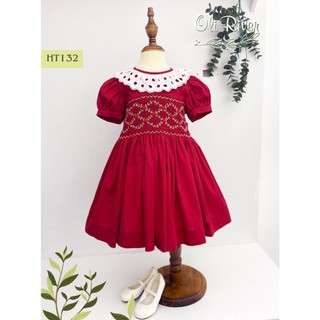 Váy đầm Smock bé gái đỏ thêu ziczac hoa đỏ cổ trắng oli river HT132