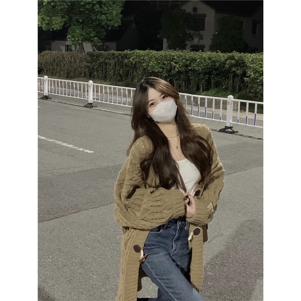 Áo cardigan len thừng dáng lửng màu nâu