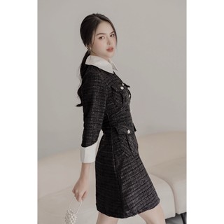 Đầm ngắn nữ Bling Dress Tweed phối Taffta tre cổ bẻ đính nút đá tay dài – Aimestudio