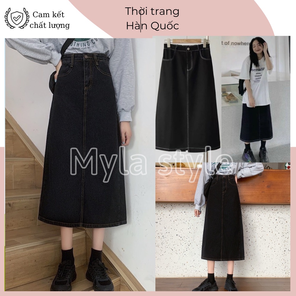 Chân váy kaki chữ A chỉ nổi dài qua gối dáng midi cạp chun phong cách Ulzzang Hàn quốc CV1