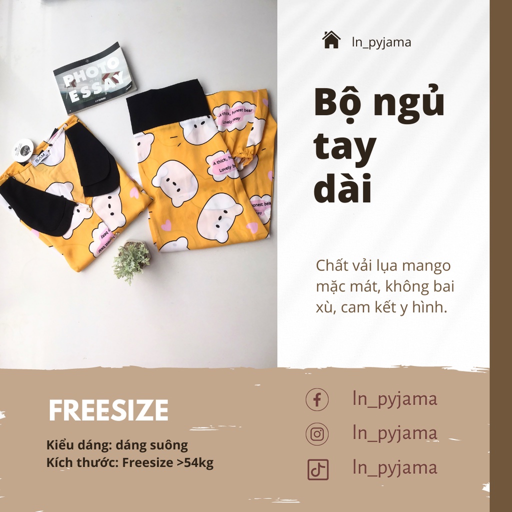 Set Bộ ngủ nữ tay dài quần dài họa tiết cổ lá sen 2 lớp