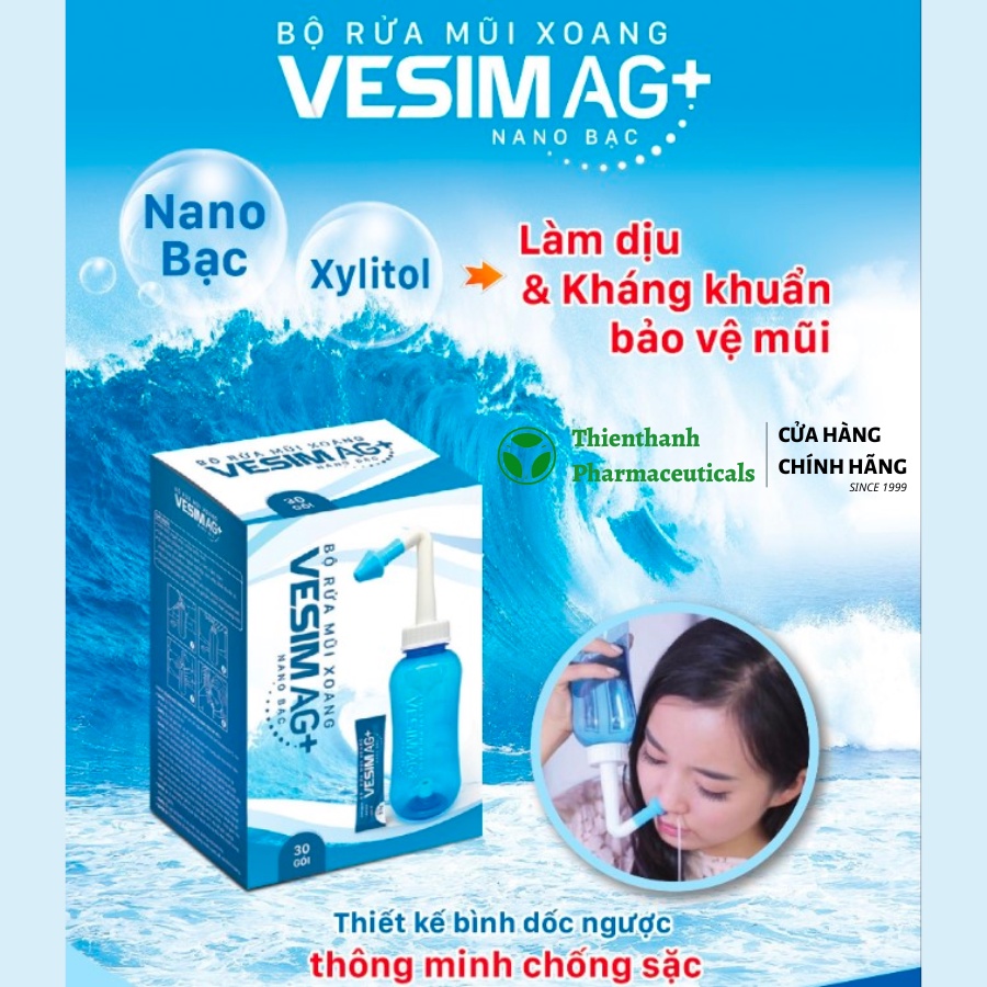 Bộ rửa mũi Vesim AG+ Nano bạc cải tiến 300ml và 30 gói muối rửa mũi xoang Nano Bạc vệ sinh mũi, ngăn ngừa viêm xoang