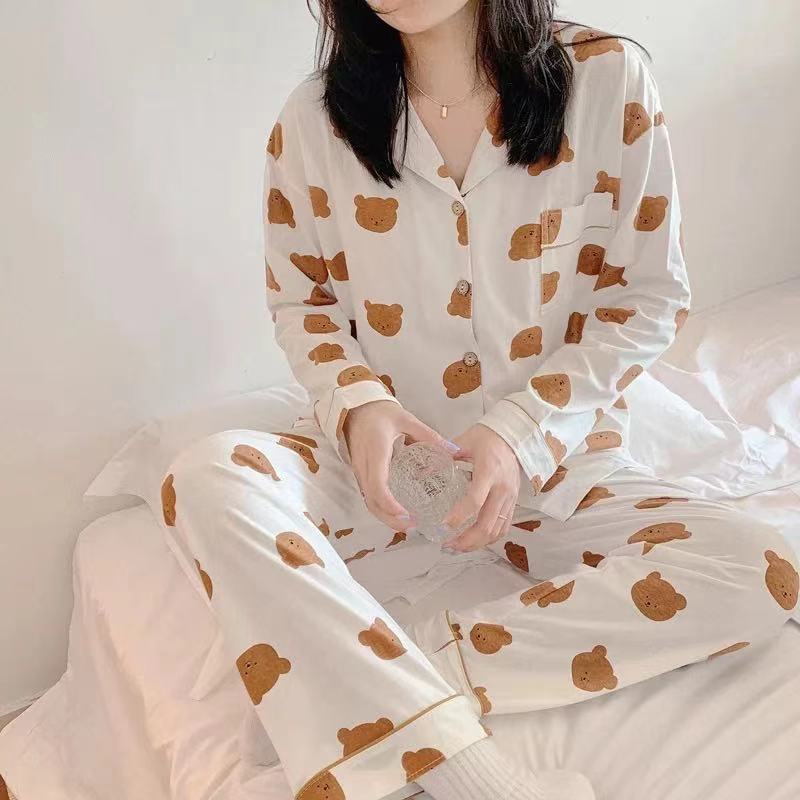 Bộ Đồ Ngủ Tay Dài In Họa Tiết Hoạt Hình Phong Cách Hàn Quốc Thời Trang Xuân Thu Cho Nữ