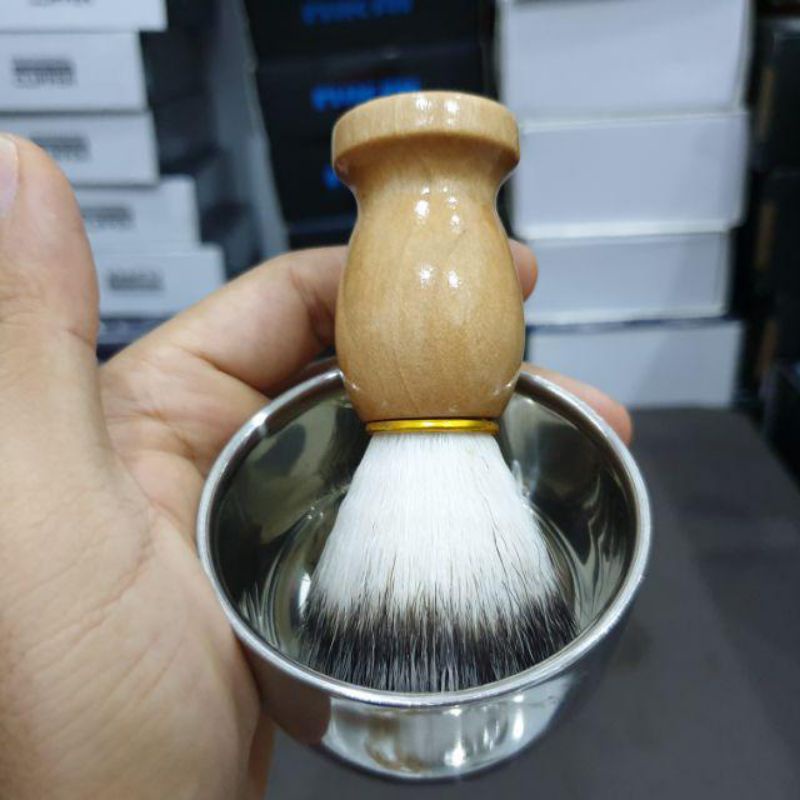 Cọ Quét Kem Cạo Râu Cao Cấp Cán Gỗ, Chén Inox 304 Đựng Kem Cạo Râu.