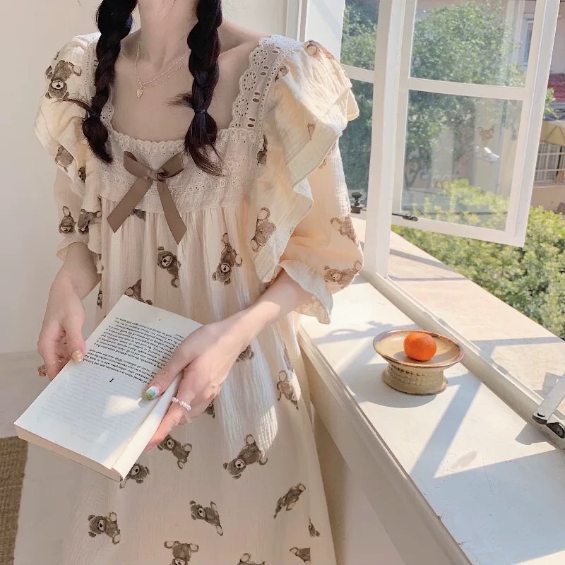 Đồ ngủ / Pijama cộc tay phối ren hoạ tiết gấu dễ thương