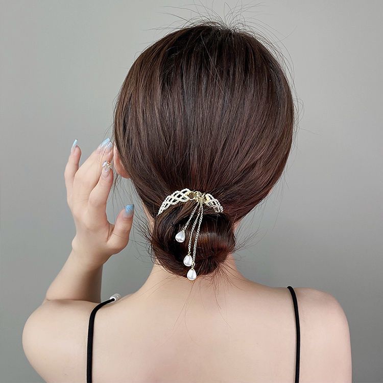 Kẹp Tóc Đính Đá Ngọc Trai Nhân Tạo Phối Dây Tua Rua Thời Trang Cho Nữ