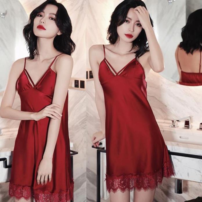 Váy ngủ sexy hai dây phối ren đầm ngủ kiểu dây đan chéo bầu ngực gợi cảm . !