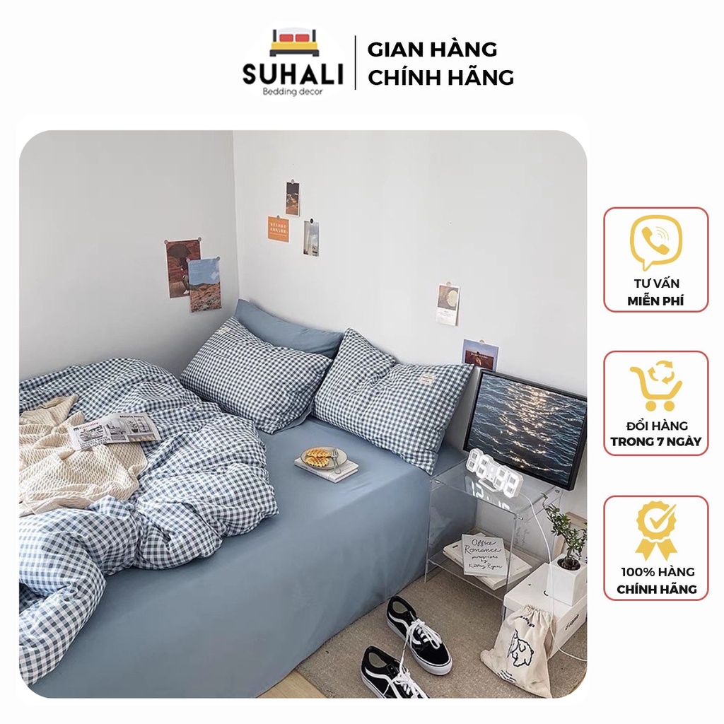Bộ chăn ga giường TC kẻ Suhali Shop phong cách hàn quốc, set 4 món cotton tici free bo chun