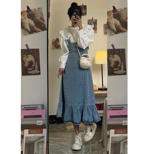 Váy yếm Bộ Áo Sơ Mi Cổ Búp Bê + Chân Váy Yếm Denim Thời Trang Mùa Xuân 2022 Phong Cách Phương Tây Dành Cho Nữ