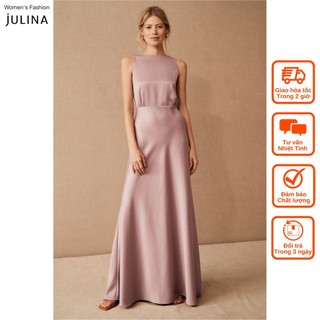 Đầm xòe maxi sát nách satin màu hồng đậm sang trọng dự tiệc Julina (không mác) jf725