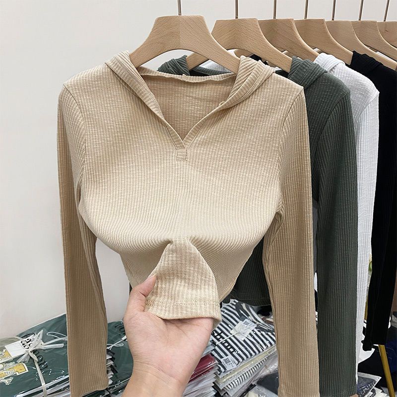 COZOK Áo Thun Tay Dài Có Nón Cổ Chữ V Dáng Ôm Thời Trang Cho Nữ