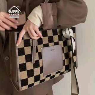 HAPPY HOMLIV Túi Tote Đeo Vai Cỡ A4 Họa Tiết Sọc Caro Phong Cách Retro Thời Trang Cho Nữ